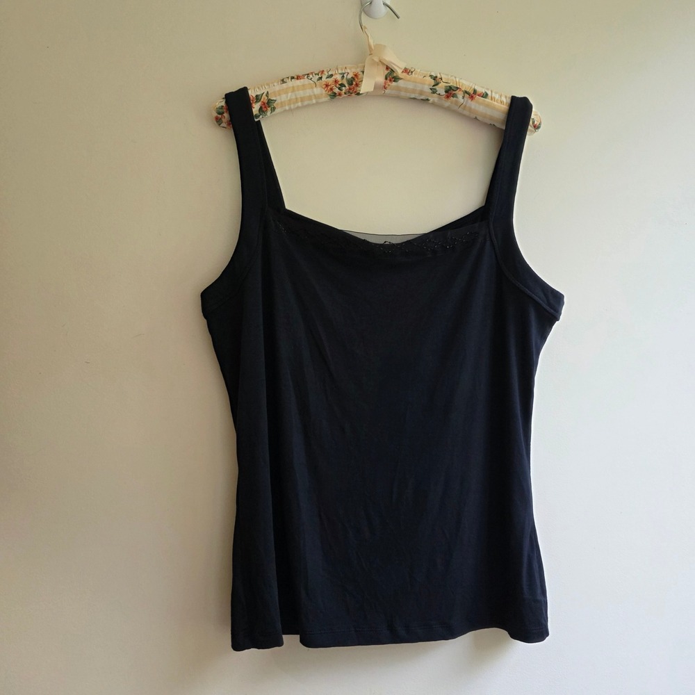 VTG 90s Y2K Mossimo Black Beaded Mesh Trim Tank Top Square Neck Stretch Large